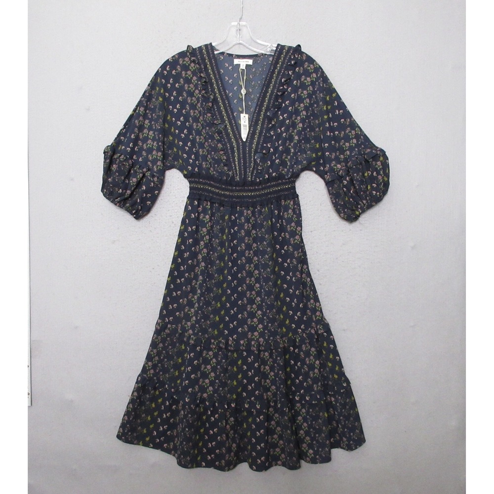 Max Studio Dress M Blue Floral Smocked Waistβ Ruffle Puff Sleeve Midi Boho NWT